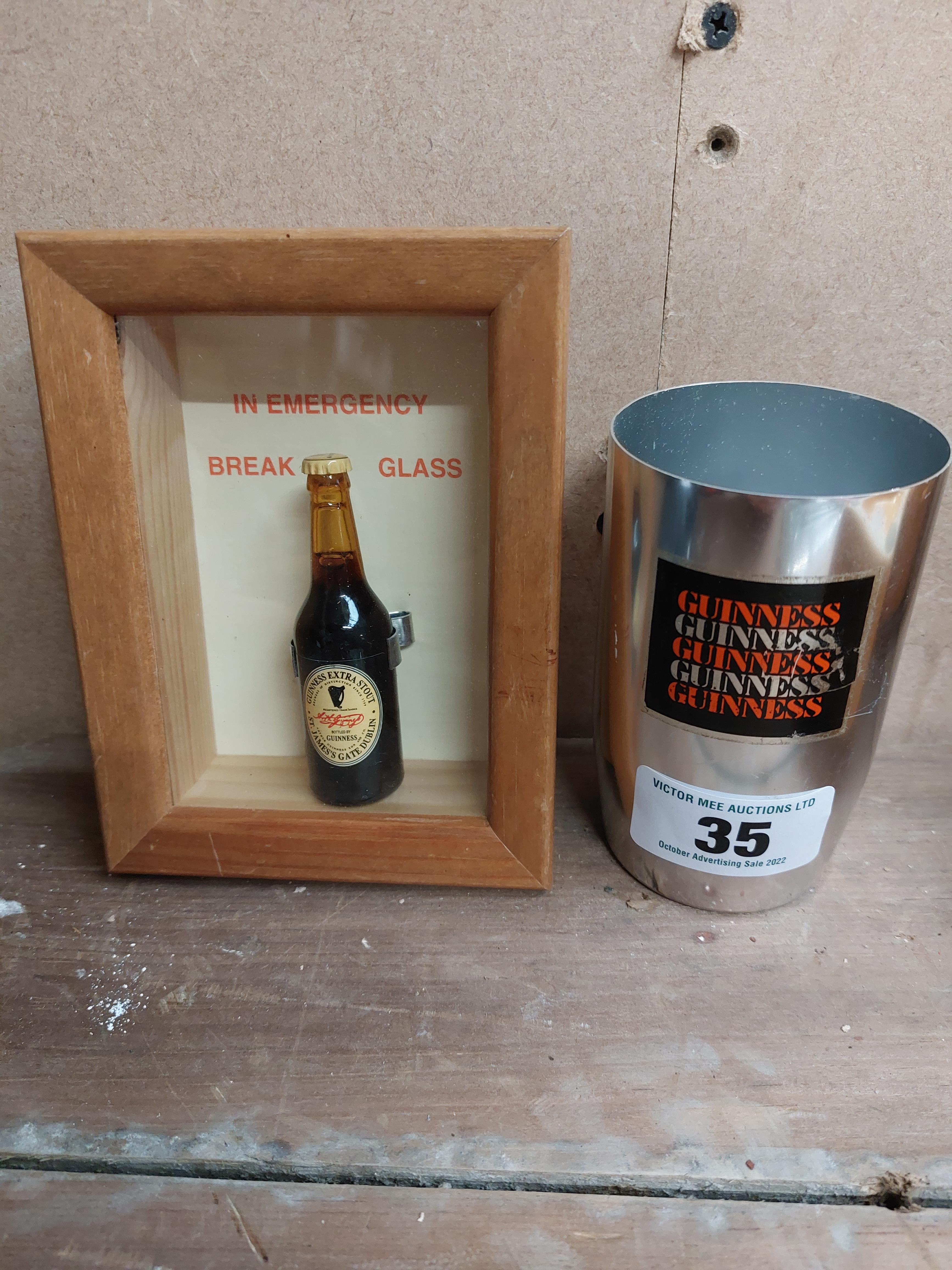 Guinness In Case Of Emergency Break Glass and Guinness aluminium beaker. {15 cm H x 11 cm W x 4 cm