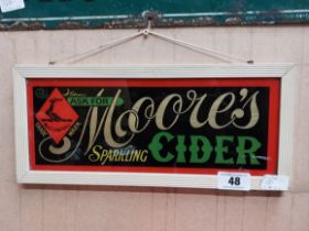 Moore's Sparkling Cider reverse painted glass framed advertisement . {18 cm H x 41 cm W}.