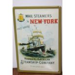 Mail Steamers to New York Every Tuesday Hamburg Steamship Company tinplate advertising sign { 30cm H