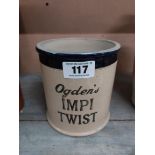 Stoneware Ogden's Impie Twist tobacco jar.