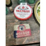 Two advertising tins - Wax Polish and Ronsin Service Outfit.