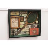 Tennis Memorabilia montage mounted in a glazed case. { 60cm H X 70cm W X 10cm D }.