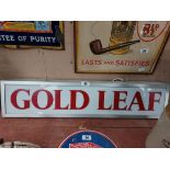 Rare Gold Leaf hanging light up advertising sign {20 cm H x 94 cm W x 15 cm D}.