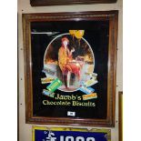 Jacob's Chocolate Biscuits reverse painted glass framed advertisement. {69 cm H x 56 cm W}.