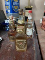 Nine miniature bottles of Jameson Whiskey, Powers Whiskey and Napoleon Brandy.