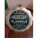 Meritas Flannels cardboard showcard. {22 cm Dia}