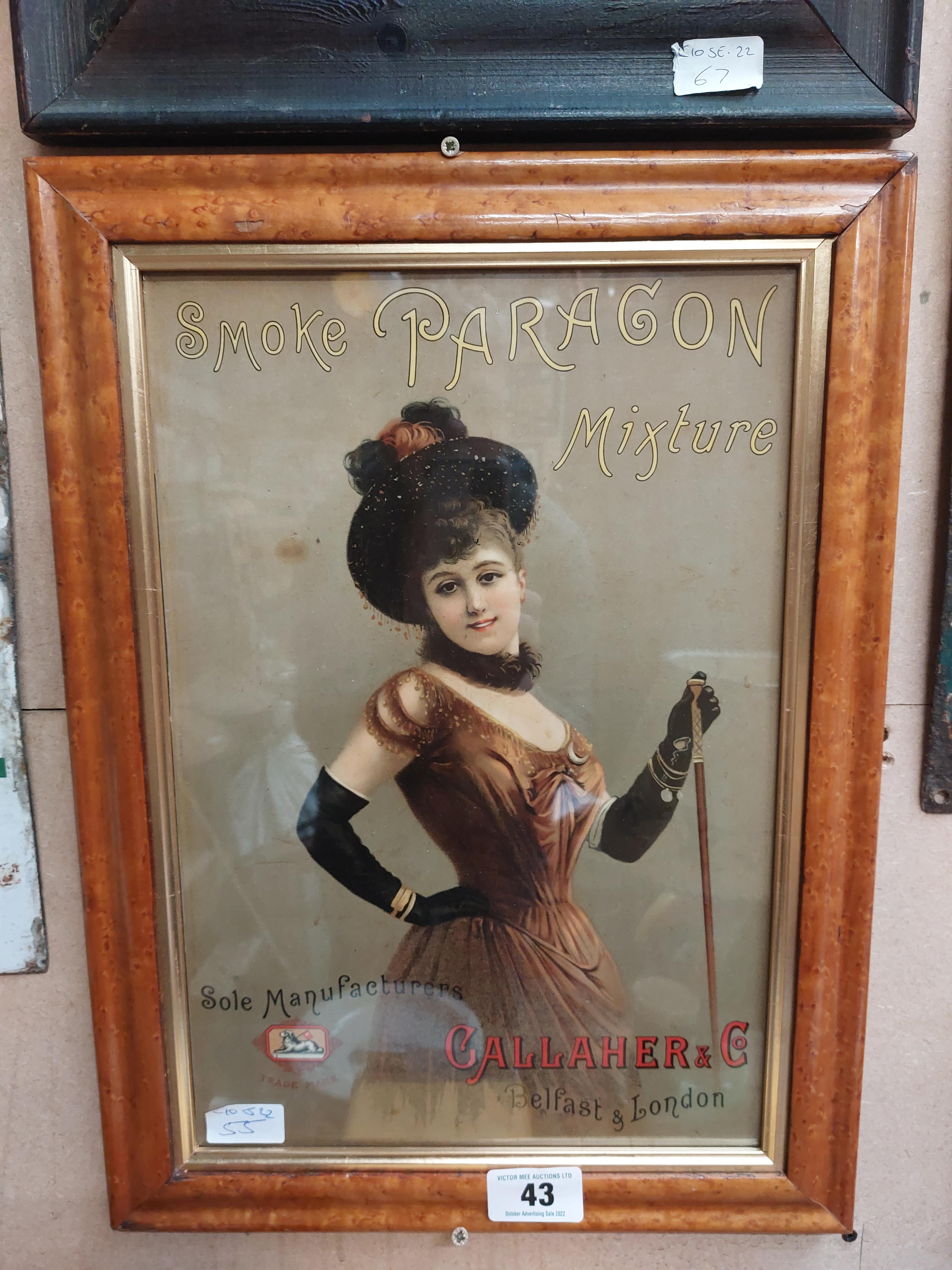 Smoke Paragon Mixture Gallagher & Co. Cigarettes framed advertising show card {51 cm H x 37 cm W}.