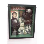 Mohammad Ali memorabilia boxing montage mounted in a glazed case. { 57cm H X 45cm W X 10cm D }.