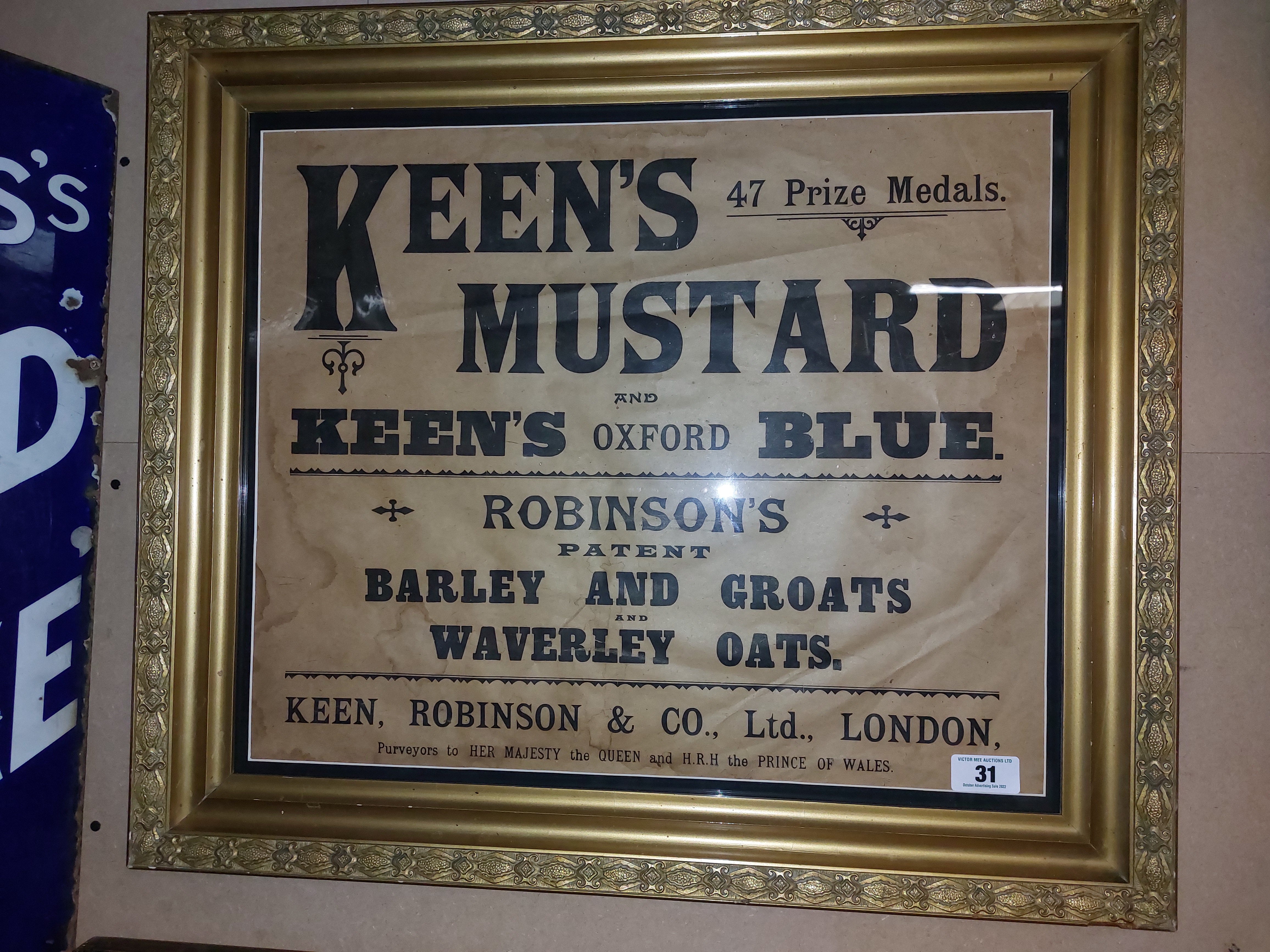 Keens Mustard Oxford Blue Providers to Her Majesty the Queen and The Prince of Wales framed