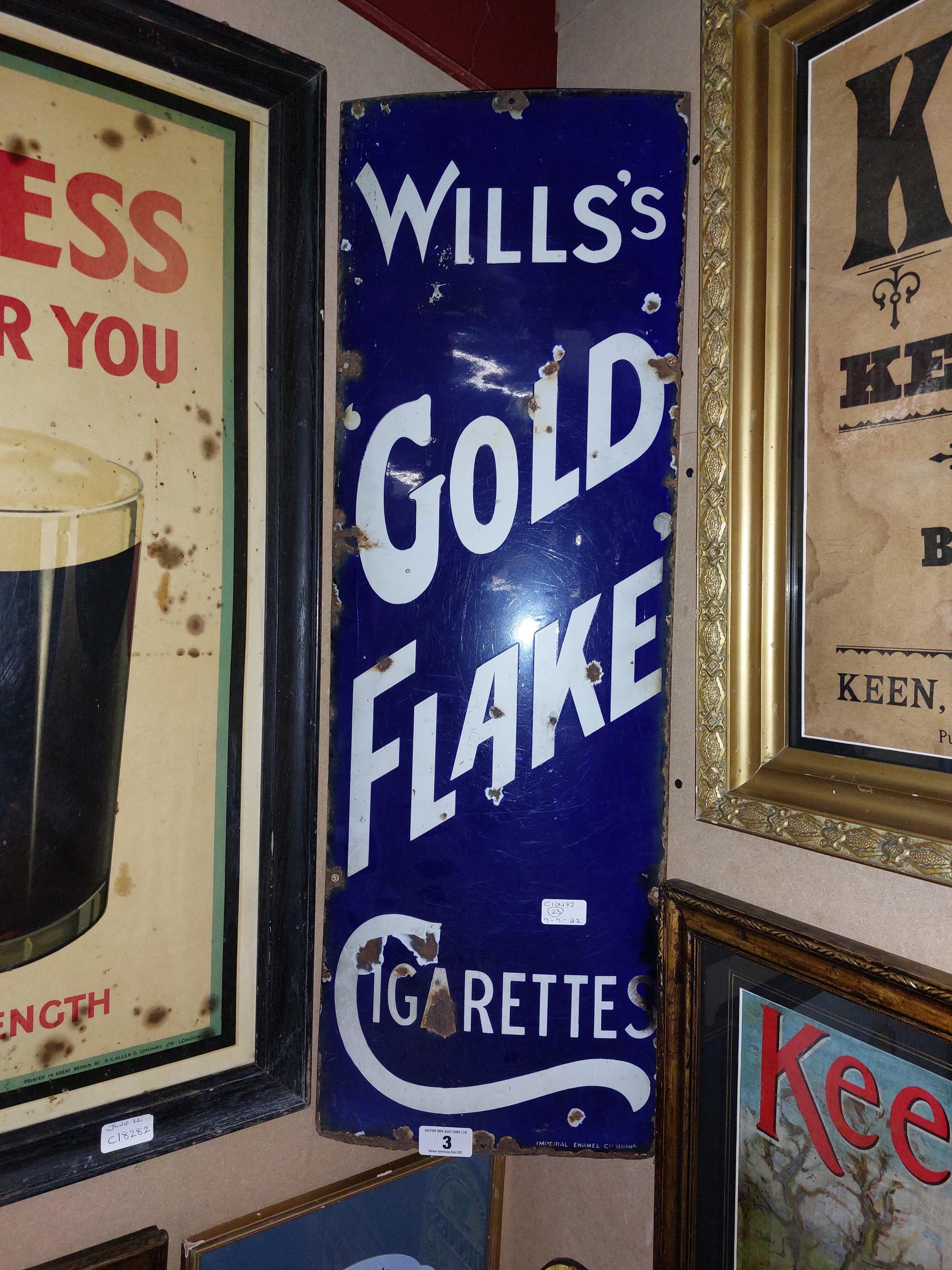 Wills's Gold Flake enamel advertising sign {90 cm H x 30 cm W}.