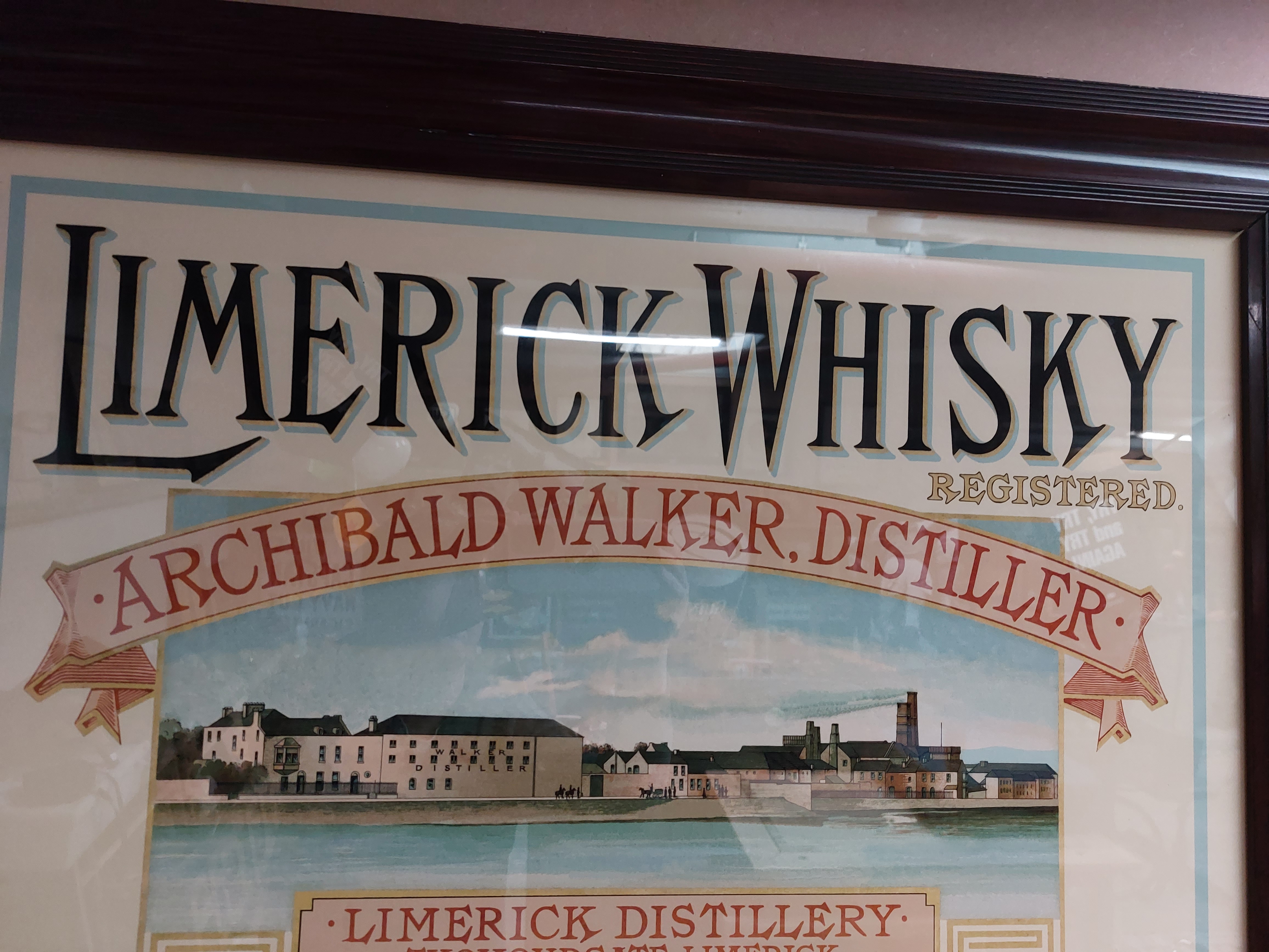 Limerick Whiskey Archibald Walker Distiller framed advertising print. {67 cm H x 82 cm W}. - Image 2 of 3