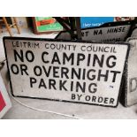 Leitrim County Council No Camping or Overnight Parking alloy road sign {24 cm H x 76 cm W};