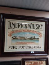 Limerick Whiskey Archibald Walker Distiller framed advertising print. {67 cm H x 82 cm W}.
