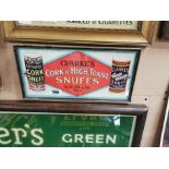 Clarke's Cork and High Toast Snuffs framed advertising print. { 19 cm H x 40 cm W},