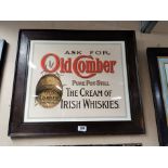 Old Comber Pure Pot Still Whiskey framed advertising print. { 64 cm H x 70 cm W}.