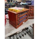 19th. C. mahogany Milward's Celebrated Needles counter display cabinet. {27 cm H x 37 cm W x 24 cm