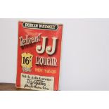 Dublin Whiskey Redbreast JJ Liqueur Twelve Years Old tinplate advertising sign { 30cm H X 20cm W }.