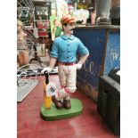 Cast iron model of Cricket Player. { 34 cm H x 15 cm W x 9 cm D}.