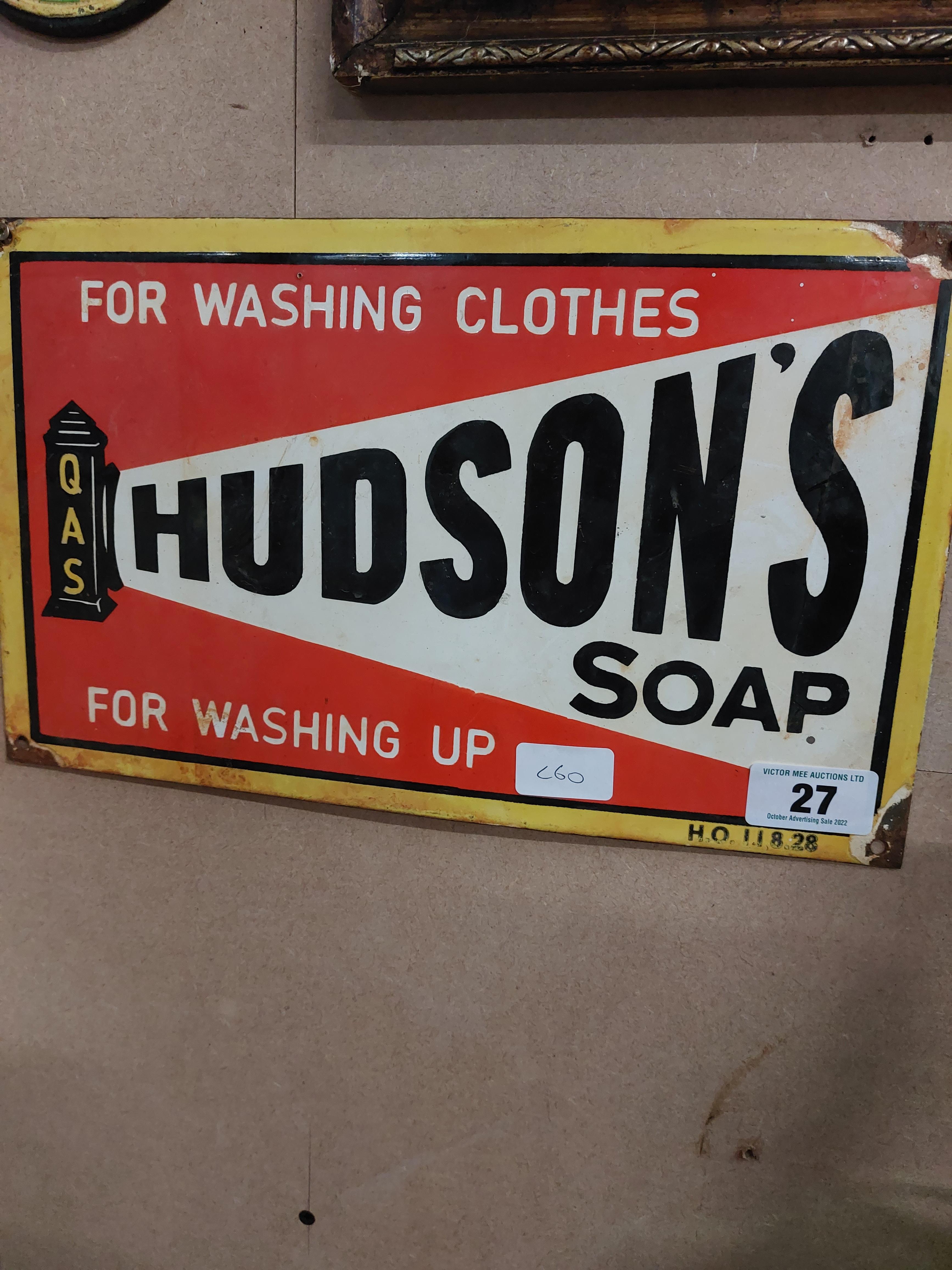 Hudson's Soap For Washing Soap enamel advertising sign. {24 cm H x 38 cm W}.