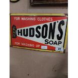 Hudson's Soap For Washing Soap enamel advertising sign. {24 cm H x 38 cm W}.
