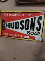 Hudson's Soap For Washing Soap enamel advertising sign. {24 cm H x 38 cm W}.