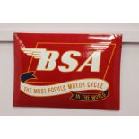BSA The Most Popula Motor Cycle In The World enamel advertising sign { 34cm H X 49cm W }.