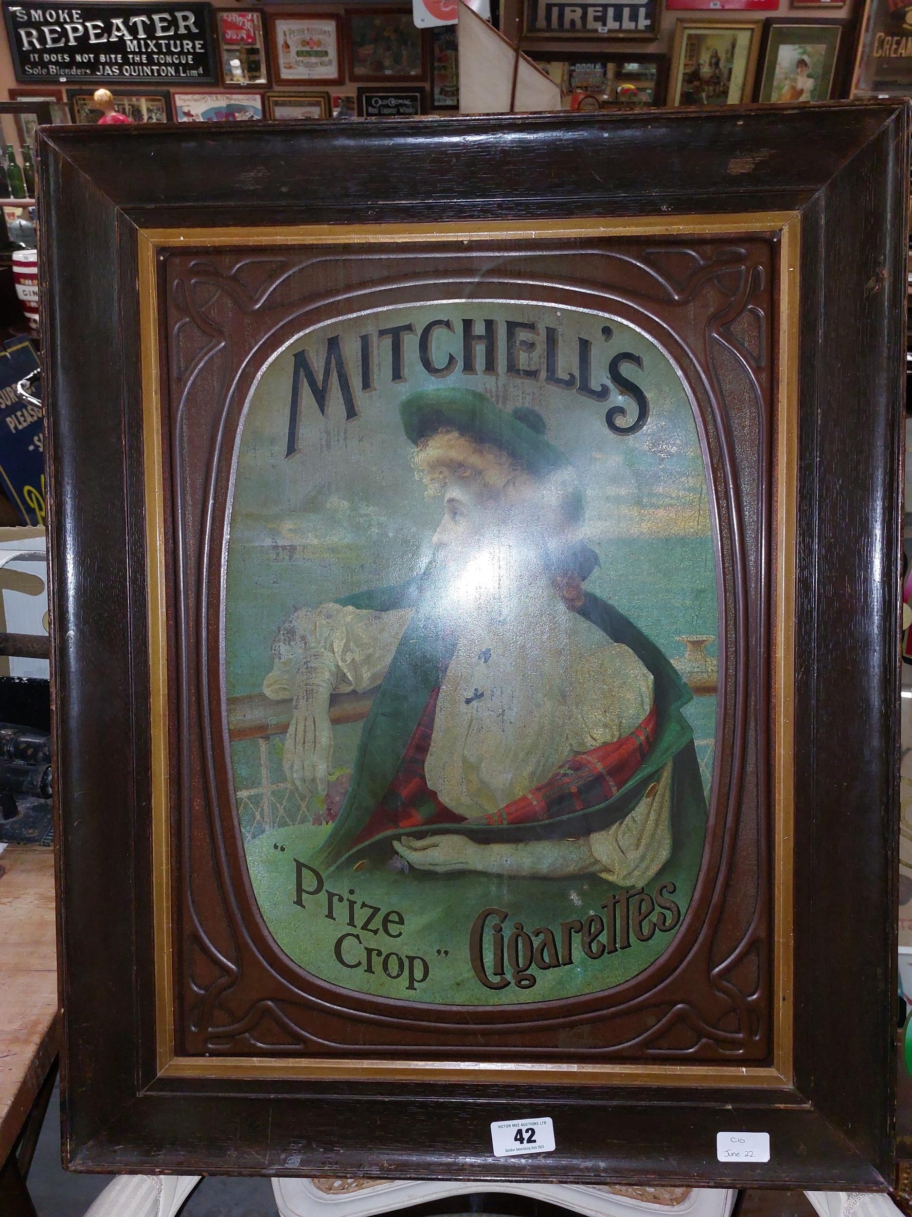 Rare Mitchell's Prize Crop Cigarettes embossed tin plate framed advertising sign {77 cm H x 61 cm