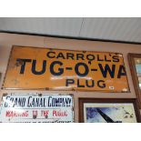 Carroll's Tug of War Plug enamel advertising sign {partial}. { 46 cm H x 121 cm W}.