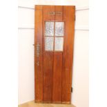 Oak panelled door with glass panels and metal mounts - LADIES CLOAKS { 198cm H X 76cm W X x 6cm D }.