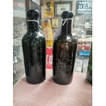 Two 19th C. brown glass blob top bottles - John O'Shea Macroom and Allman Dowden and Co Bandon. {