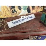 Senior Service Satisfy Perspex advertising shelf sign {7 cm H x 30 cm W x 5 cm D}.