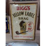 Bigg's Yellow Label Shag Lasts and Satisfies framed showcard. { 77 cm H x 51 cm W}.