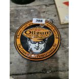 Oilzum Motor Oils and Lubricants enamel advertising sign. { 15 cm Diam}.