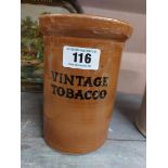 Ogden's vintage stoneware lidded tobacco jar. {20 cm H x 13 cm Dia}
