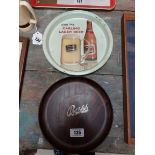 1950's Sanewood circular Bass tray and tin plate Carling Black Label tray. {25 cm Dia} and {27 cm