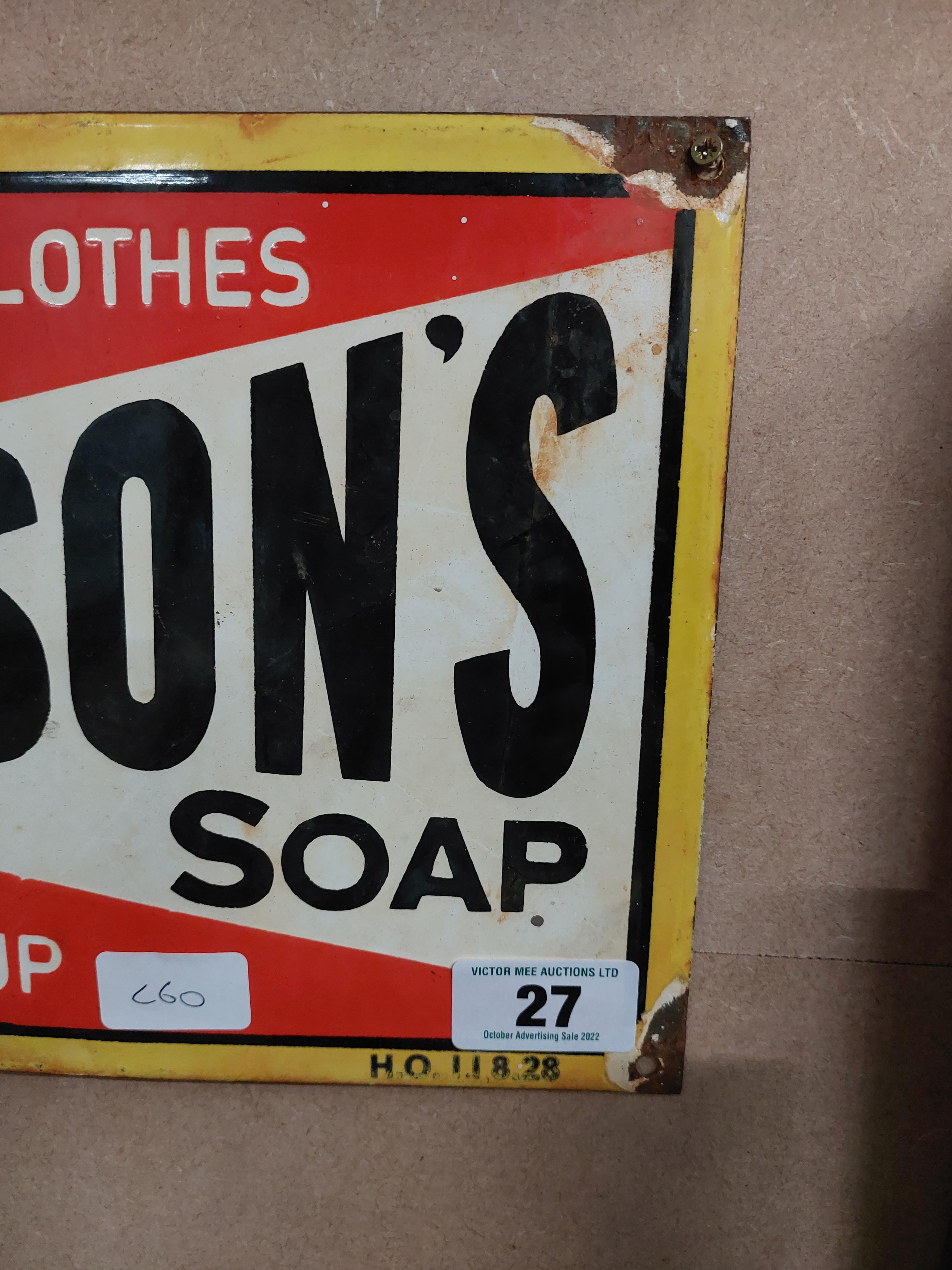 Hudson's Soap For Washing Soap enamel advertising sign. {24 cm H x 38 cm W}. - Image 3 of 3