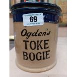 Early 20th C. Stoneware Ogden's Toke Bogie lidded Tobacco Jar. {17 cm H x 15 cm Diam}