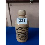 J Watson and Co Naas stoneware Ginger beer bottle. {17 cm H x 7 cm Dia}.