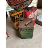 Three old advertising oil cans - Fly Killer, Winfield Motor Oil and Dofolto.