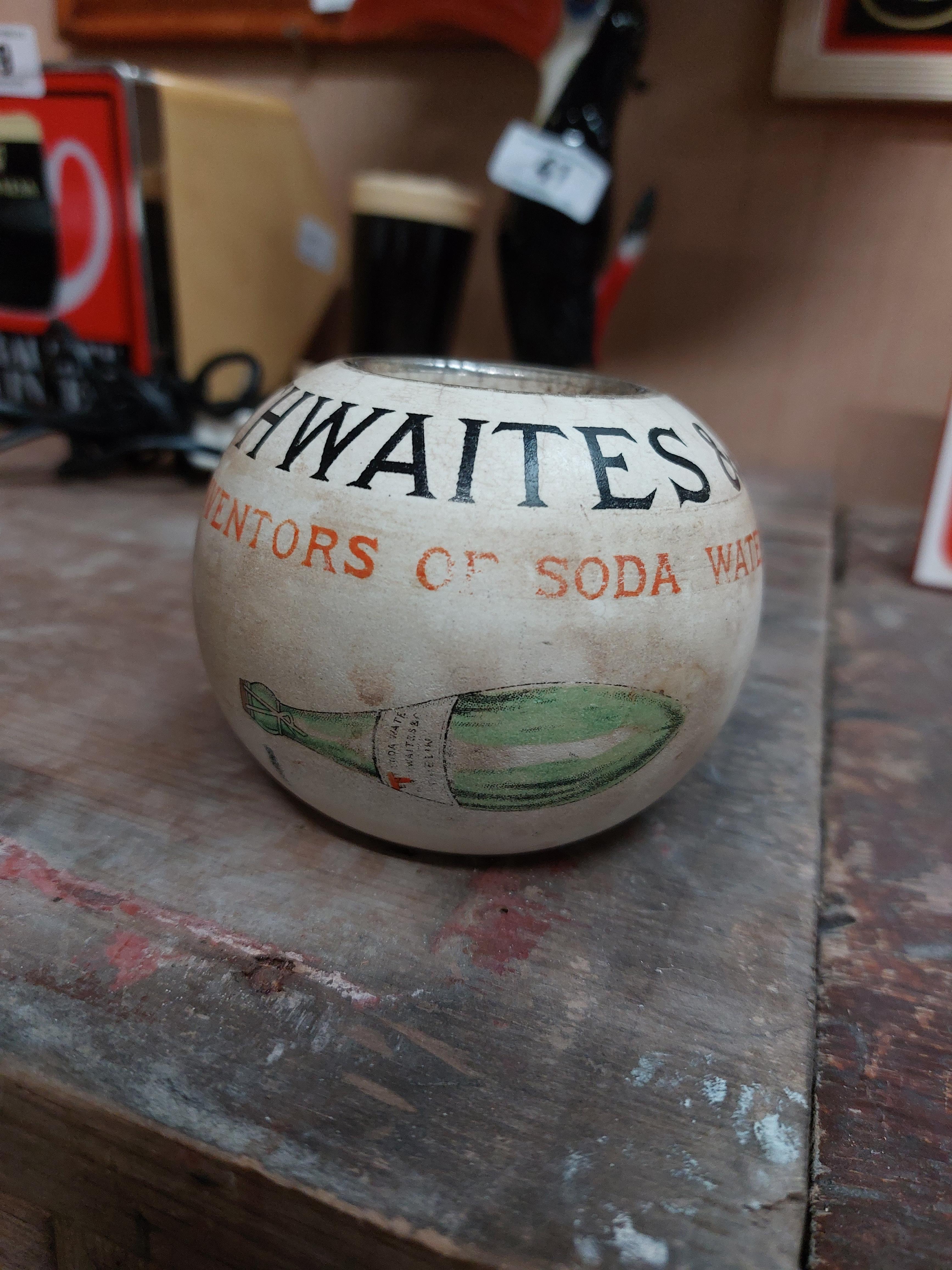 Early 20th C. Thwaites Soda Dublin Stoneware match holder.. { 7 cm H x 9 Dia}.