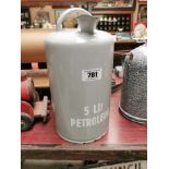 Enamel 5L petrol can. {33 cm H x 20 cm Dia}.