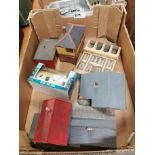 Miscellaneous lot of model buildings suitable for trainsetting and box of die cast parts.