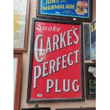 Smoke Clarke's Perfect Plug Tobacco enamel adertising sign. { 91 cm H x 51 cm W}.