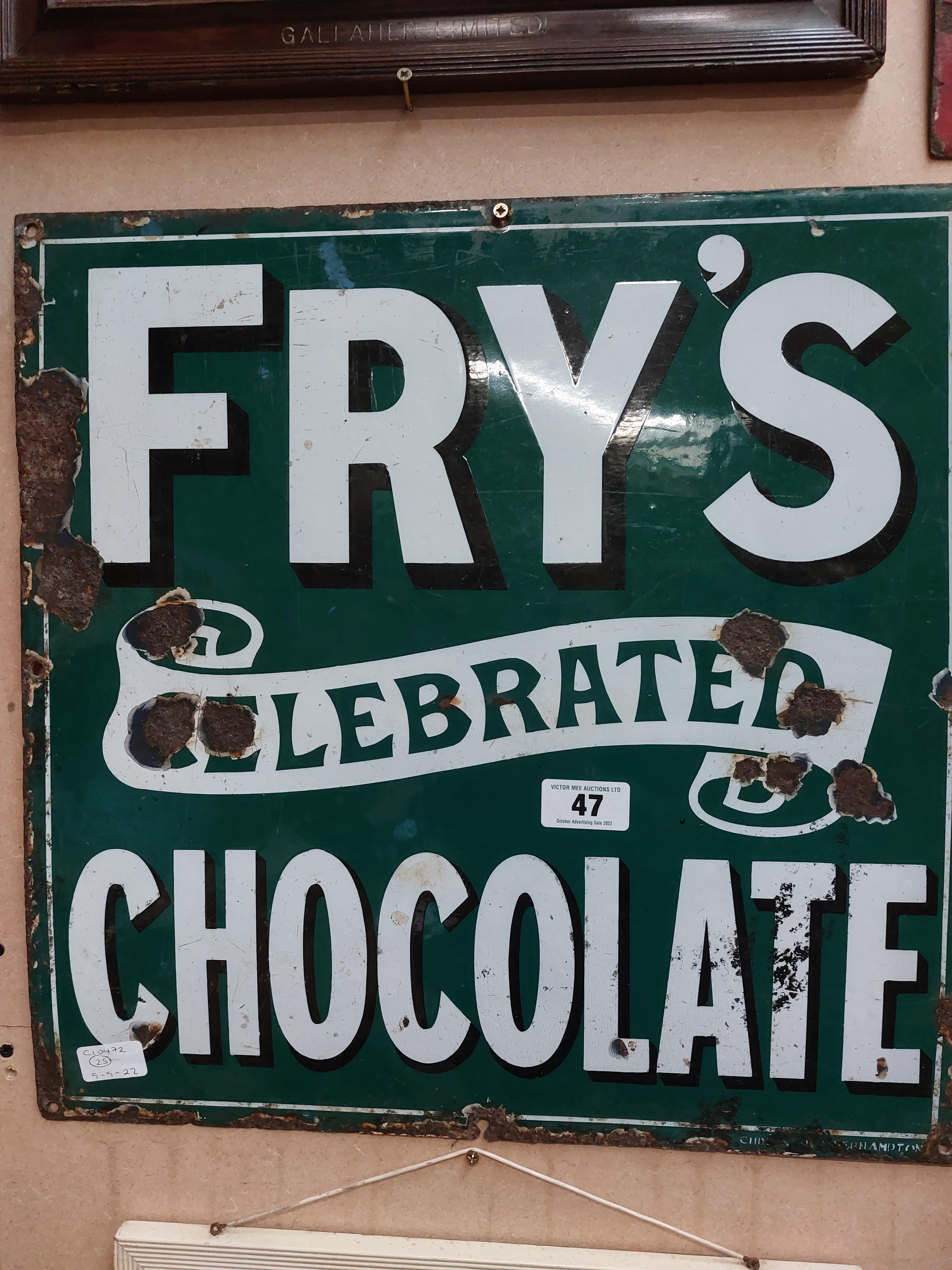 Original Fry's Celebrated Chocolate enamel advertising sign. {51 cm H x 51 cm W}.