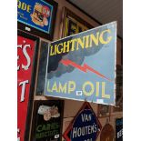 Lightning Lamp Oil double sided enamel advertising sign. { 46 cm H x 61 cm W}.