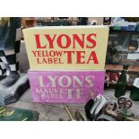 Two Lyons Tea hanging cardboard display boxes. { 20 cm H x 38 cm W x 15 cm D}