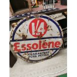 Essolene Guaranteed Pure Petrol enamel advertising sign. { 76 cm Dia}.