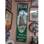 Rare Phelax Rain Resisting Coat enamel advertising sign. {152 cm H x 42 cm W}.