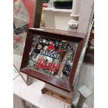 Draught Bass mahogany mirrored advertising counter light. {12 cm h x 17 cm W x 18 cm D}.