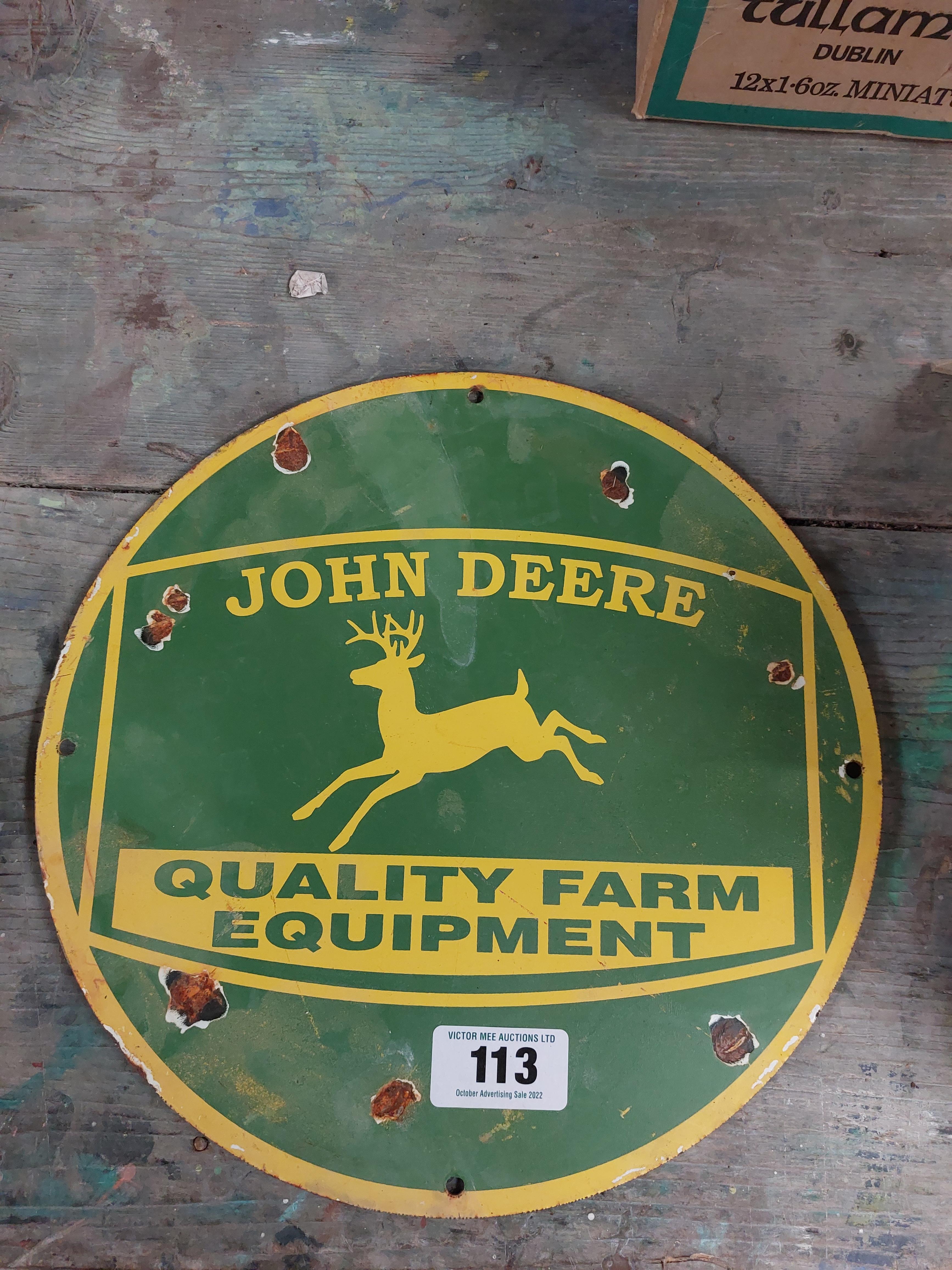 John Deere Quality Farm Equipment enamel advertising sign. {30 cm H }